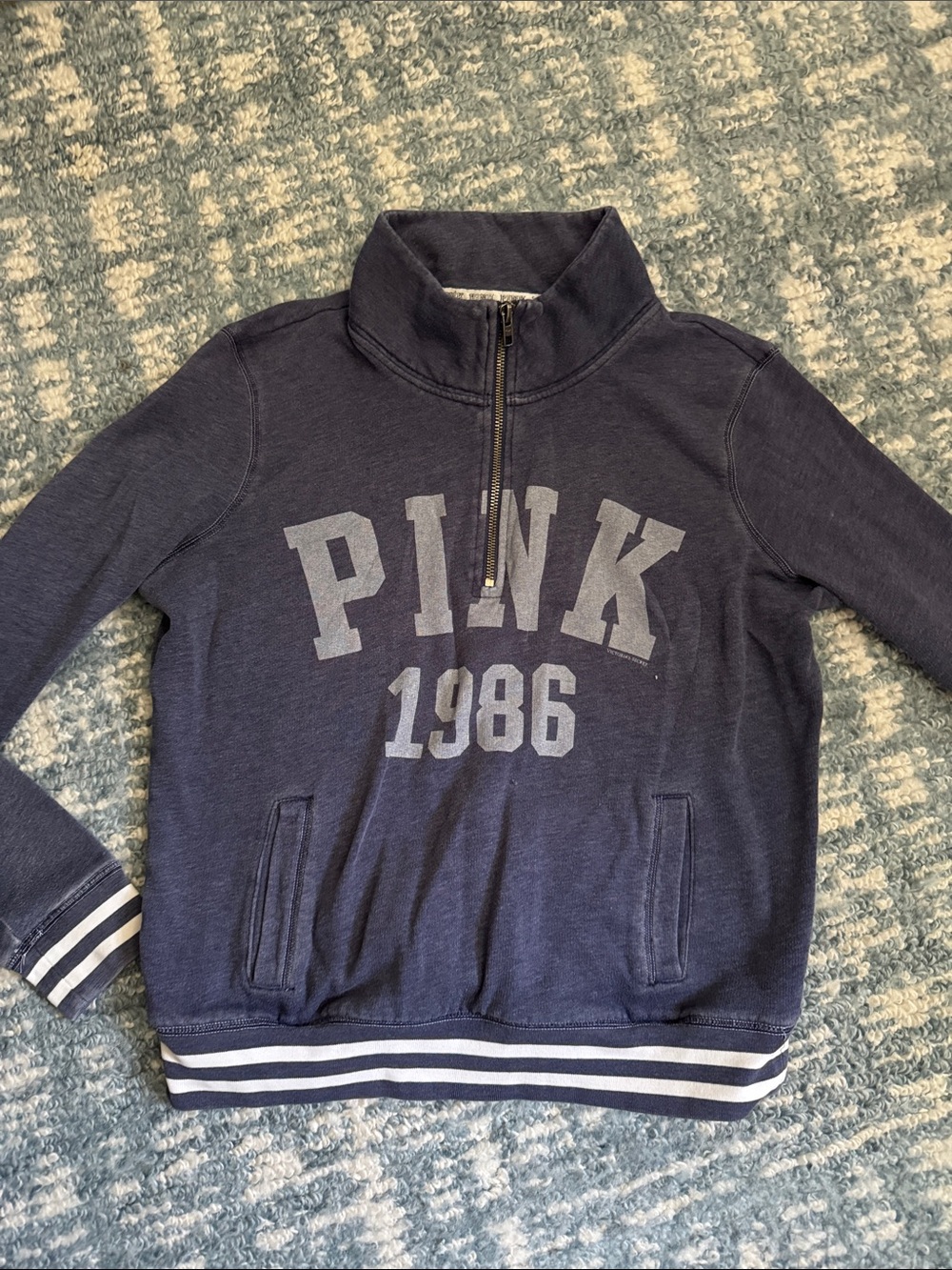 PINK Victoria's Secret Navy Half-Zip Pullover with Striped Hem